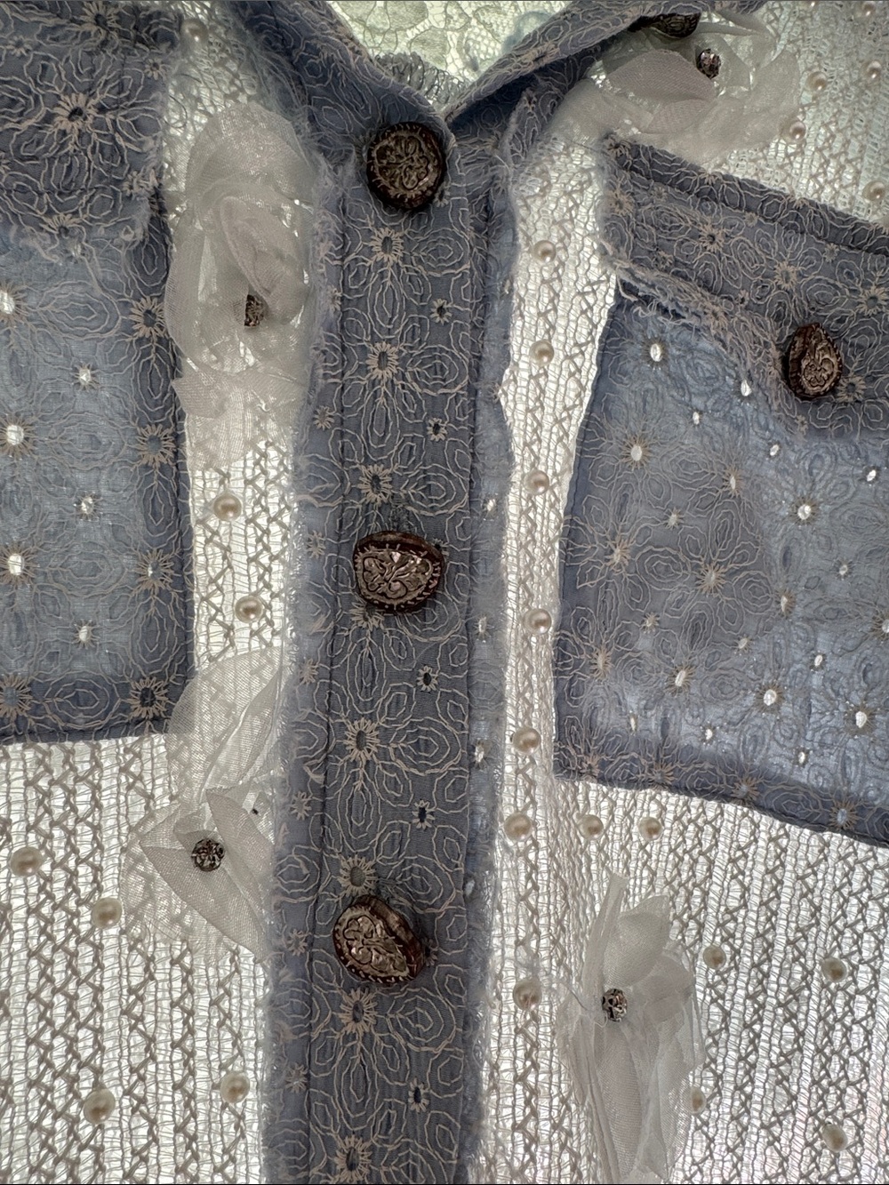 POL Women's Light Blue Lace Overlay, eyelet top with Floral Appliqué - Picture 5 of 7
